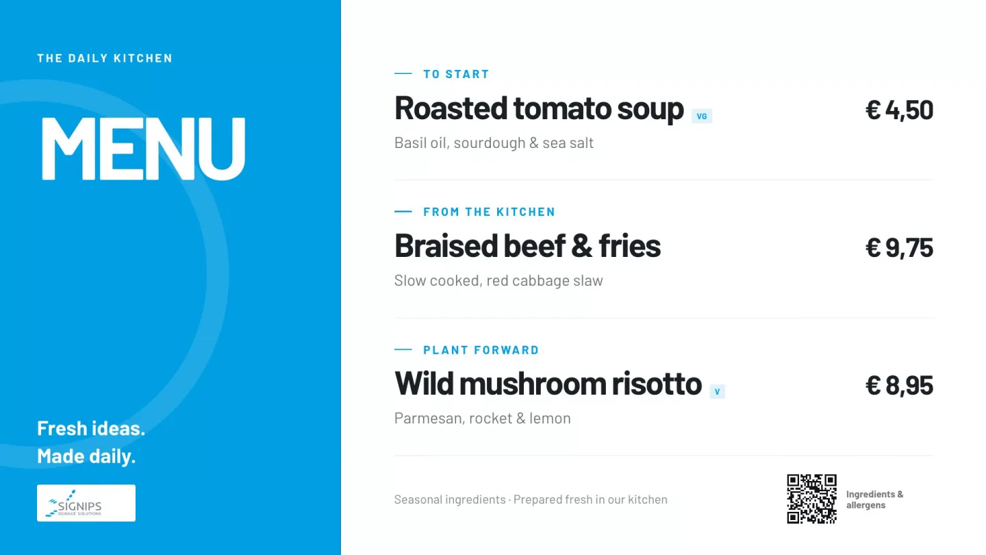 Menu board with dishes and prices